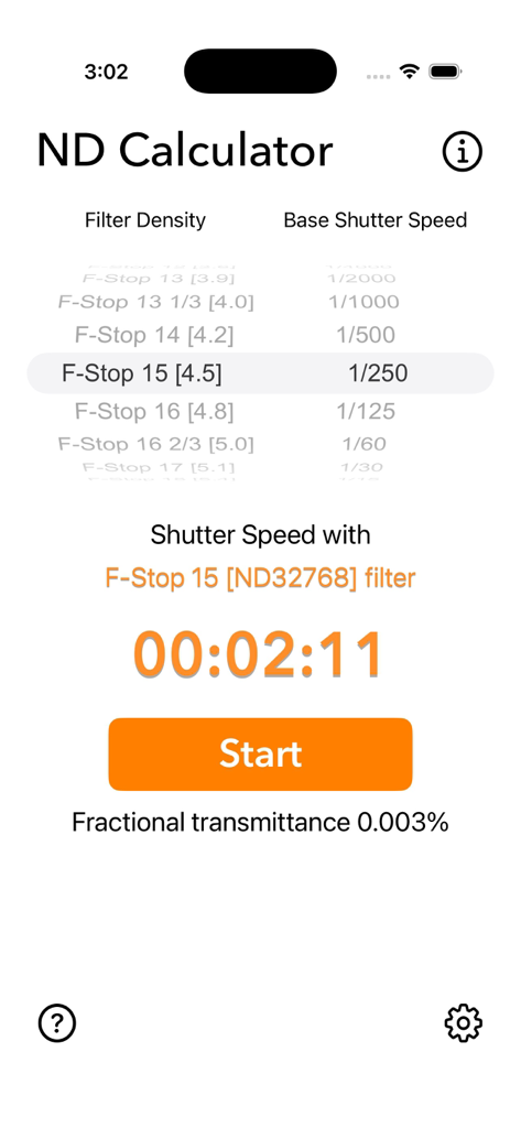 Neutral Density Calculator - Interface da aplicação Calculadora de Densidade Neutra mostrando o cálculo do tempo de exposição e o botão de início do temporizador
