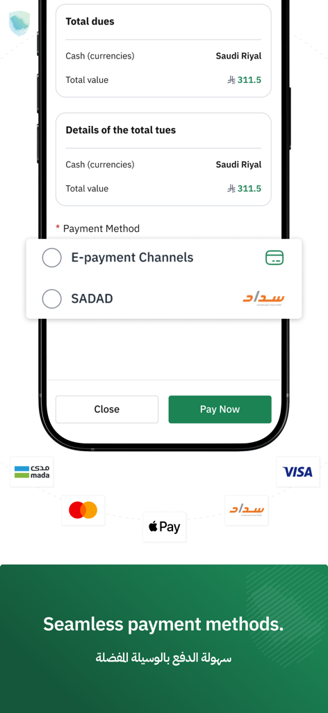 ZATCA - ZATCA mobile app payment interface showing total dues and options for e-payment channels like Visa Mastercard Apple Pay and SADAD