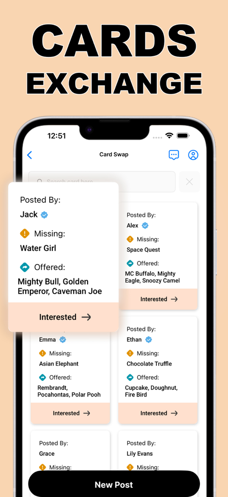 Spin Link Coin Spins- SpinLink - Mobile app screen showing a card exchange marketplace for users to swap virtual game cards