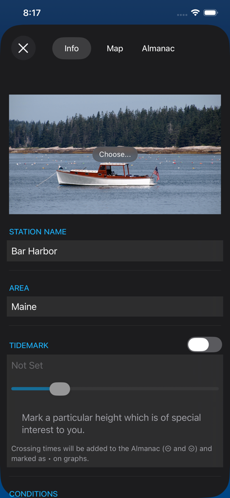 Ocean Watch - Ocean Watch App-Stationsinformationsbildschirm für Bar Harbor Maine mit Tidemark-Einstellungen und einem nautischen Bild
