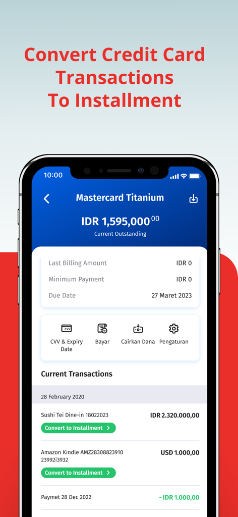 Interface de l'application OCBC mobile Indonésie affichant l'historique des transactions par carte de crédit et les options pour convertir les paiements en plusieurs fois