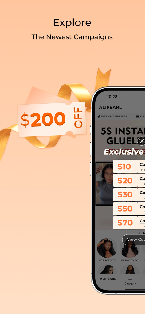 Alipearl: Best Human Hair Wigs - Alipearlアプリのプロモーション画面。人毛ウィッグの様々な割引クーポンが掲載されています。