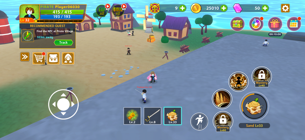 Pirate Devil - Gameplay of Pirate Devil showing a player character in a 3D pirate village island environment