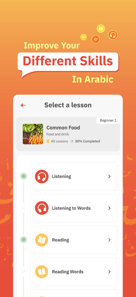 Teach Me Arabic - Interface of the Teach Me Arabic app showing a lesson selection screen for common food with listening and reading activities