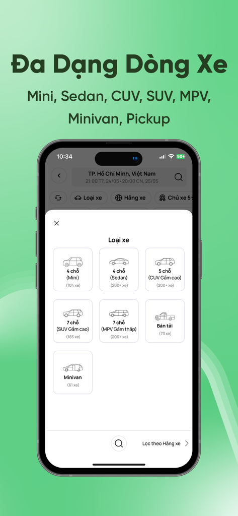 MIOTO - Thuê xe tự lái - Interfaccia dell'app MIOTO che mostra un'ampia selezione di categorie di veicoli a noleggio tra cui berline, SUV e pick-up.