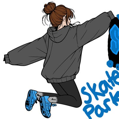 realistic girl jumping with a bun and oversized sweatshirt