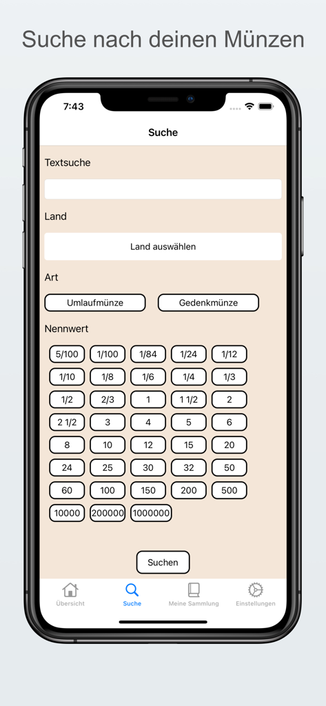Münzen Datenbank - Suche-Oberfläche der Coin Database App mit Filtern für Land, Münztyp und Nennwert