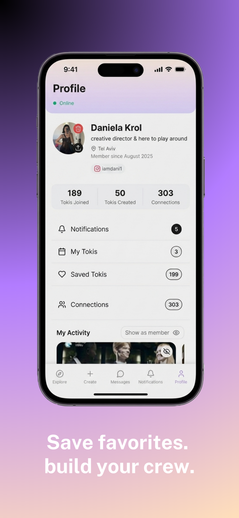Toki Social Map - Panel de perfil de usuario en la aplicación Toki Social Map que muestra estadísticas de actividad y conexiones sociales