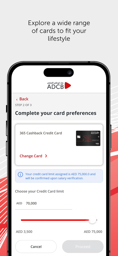 ADCB Hayyak - Mobile screen of the ADCB Hayyak app showing the credit card preference selection and a credit limit slider.
