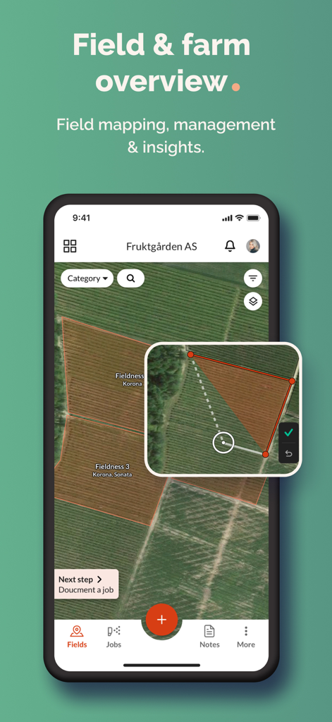 Farmable app field and farm overview showing GPS mapping on a satellite image