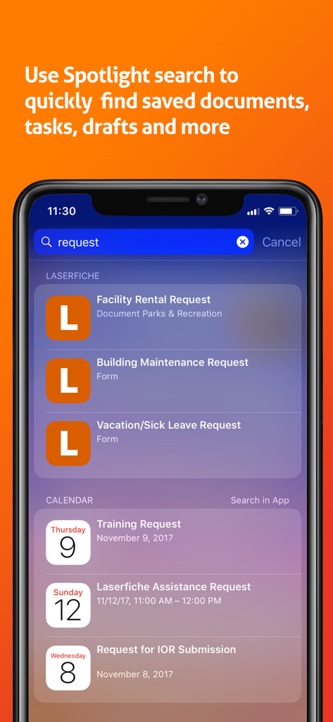 Resultados de búsqueda de documentos y tareas en la aplicación móvil Laserfiche