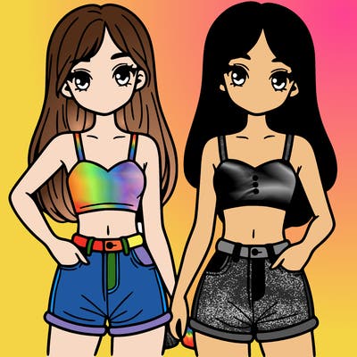 two sisters with crop tops and jean shorts and straight hair