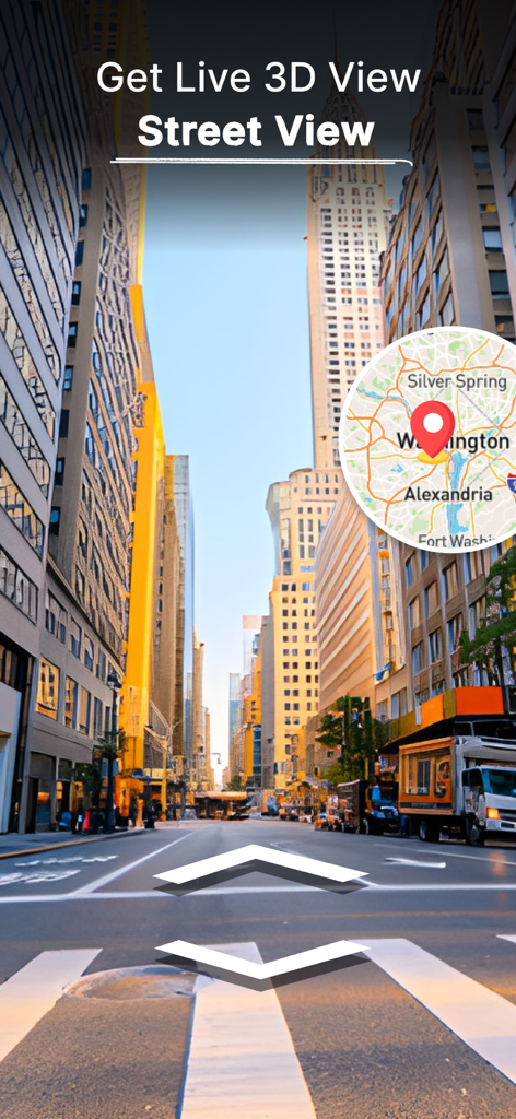 Live Earth Map - Live Camera - Uma visualização de rua 3D de arranha-céus da cidade com um pequeno mapa embutido mostrando a área de Washington D.C.