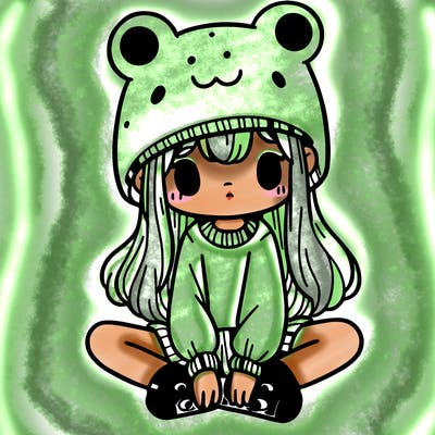 a girl wearing a frog hat and some frog socks