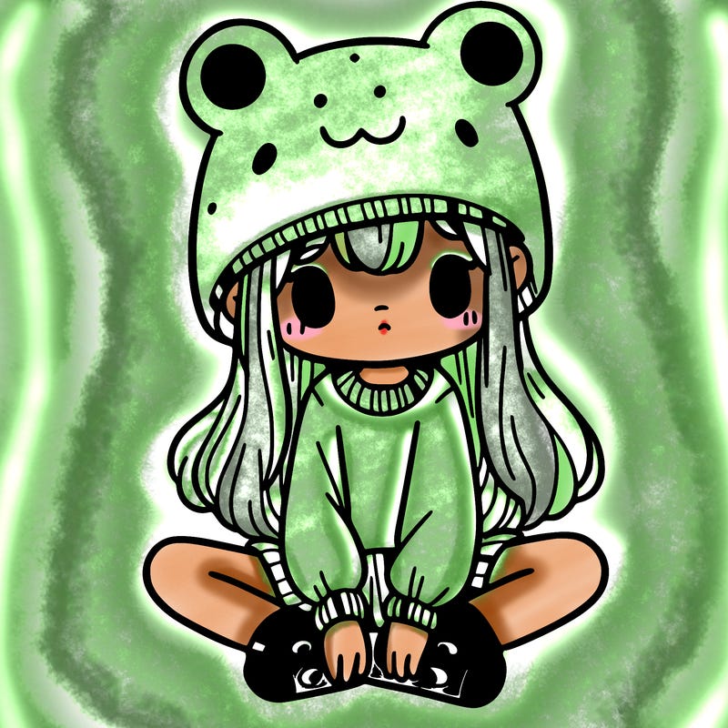 a girl wearing a frog hat and some frog socks