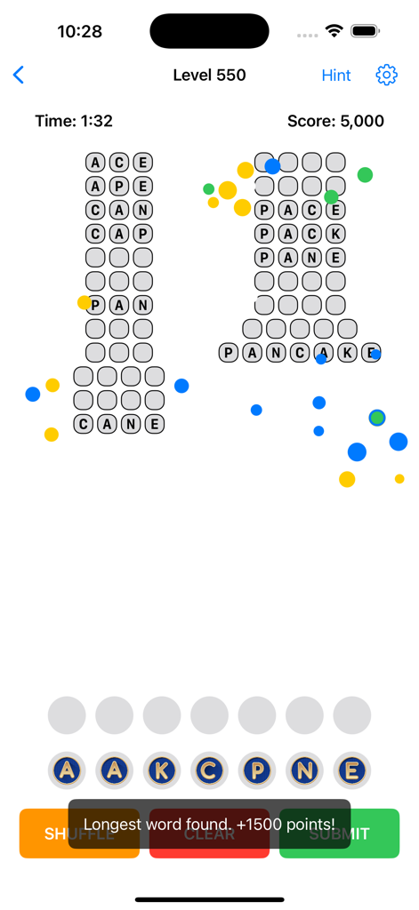 Twisted Text Word Game - Gameplay of Twisted Text Word Game showing level five hundred and fifty with the word pancake found and a bonus score notification.
