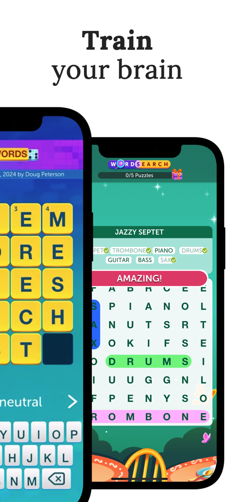 Dos smartphones mostrando puzzles de palabras y crucigramas con el encabezado Entrena tu cerebro