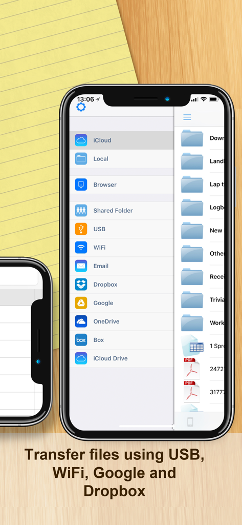 DocumentsアプリのインターフェースにUSB Wi-FiやDropboxなどのファイル転送およびクラウドストレージオプションが表示されています