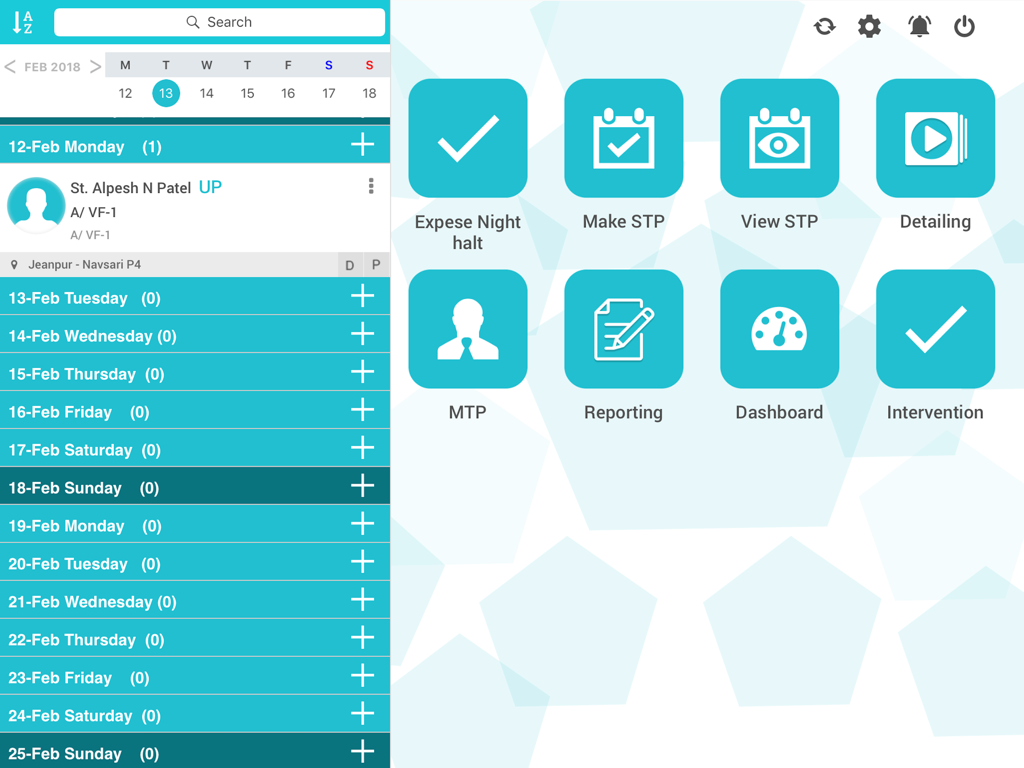 Phyzii Tab - Phyzii Tab iPad application dashboard featuring a calendar sidebar and functional icons for pharmaceutical sales reporting and detailing.