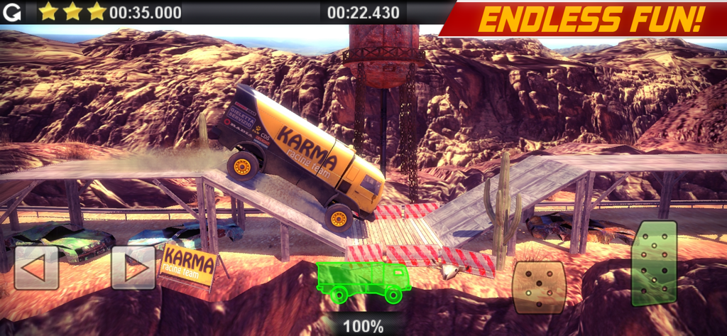 Offroad Legends - A heavy off-road truck navigating a wooden ramp in a desert canyon