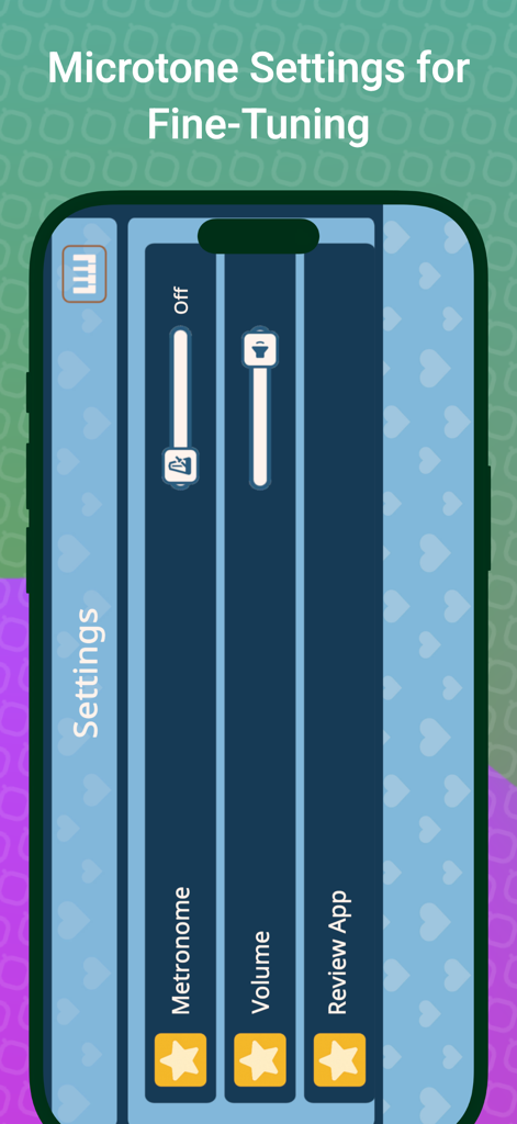 Simple Melodica - Settings screen of the Simple Melodica app featuring volume and metronome sliders