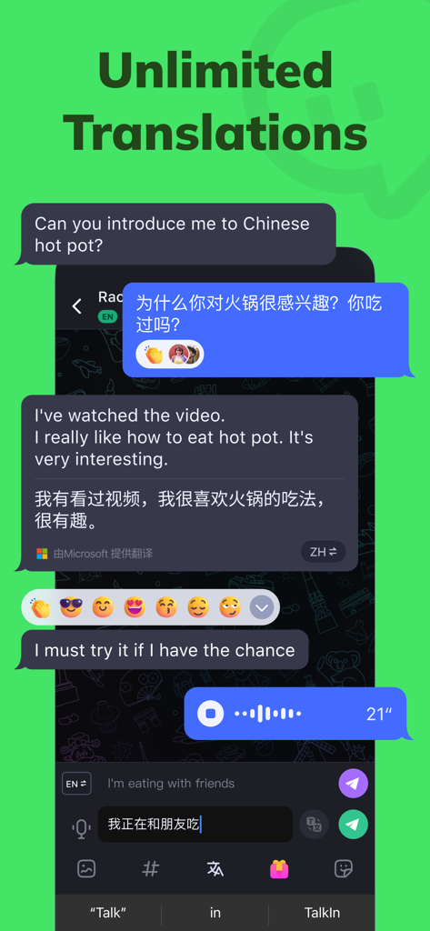 Talkin: Global Friends & Chat - Capture d'écran de l'application Talkin montrant la traduction texte et voix en temps réel entre l'anglais et le chinois dans une interface de chat.
