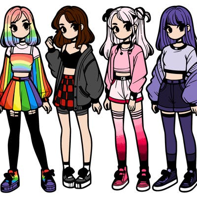 one girl with crop-top shirt and a jacket with a skirt, long socks and another girl with a shirt and pants with a jacket