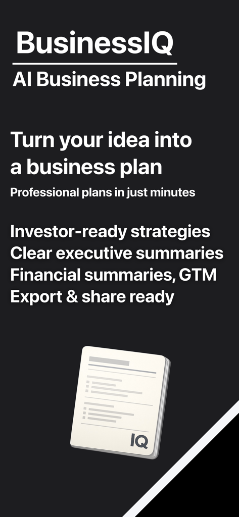 Tela de marketing do aplicativo BusinessIQ mostrando como transformar uma ideia em um plano de negócios pronto para investidores em minutos