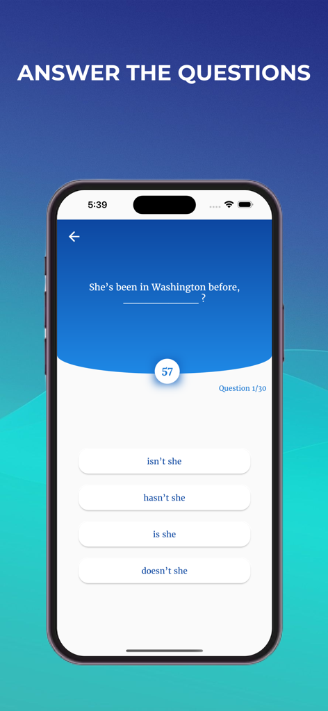 TOEFL Practice 2024 - TOEFL Practice 2024 app showing a multiple choice grammar question with a countdown timer.