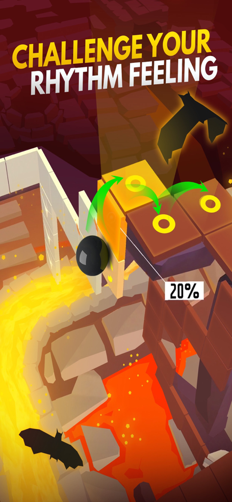 Dancing Ball World: Music Game - A black ball navigating platforms over a lava pit in the Dancing Ball World music game.