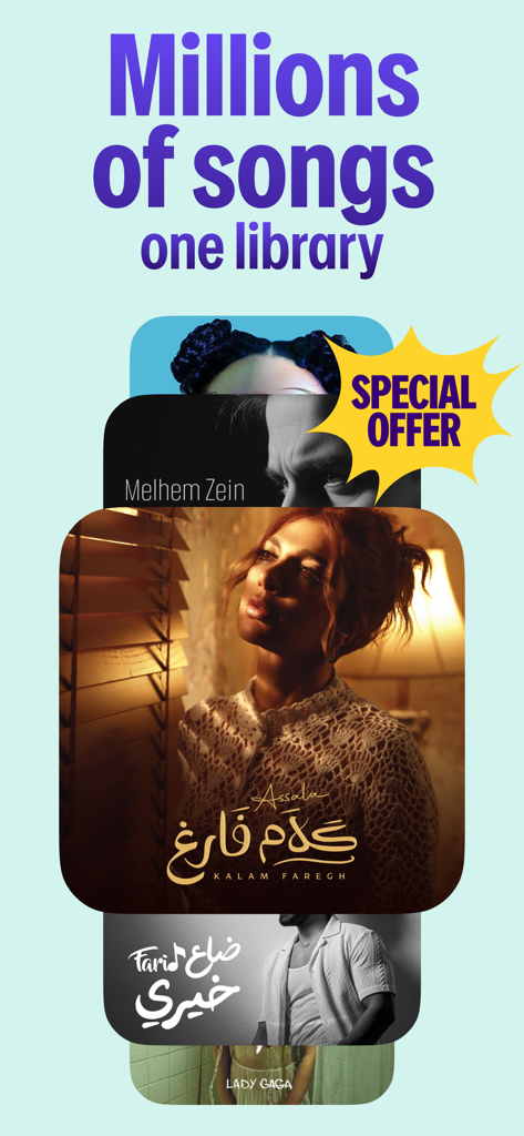 Yango Play Music: Listen now - Exibição da biblioteca Yango Play Music apresentando milhões de músicas de artistas internacionais e árabes com um selo de oferta especial
