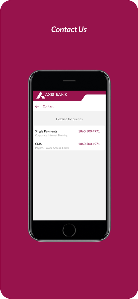 Axis Mobile - Corporate - Contact Us screen of the Axis Mobile Corporate app showing helpline numbers for business and payment queries.