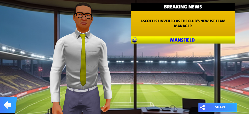 First Team Manager Season 2026 - Breaking news screen in First Team Manager 2026 showing the appointment of a new first team manager for Mansfield