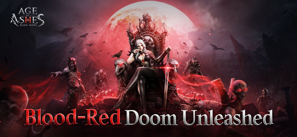 Age of Ashes: Dark Nuns DE - A dark fantasy nun character sitting on a throne under a large blood red moon