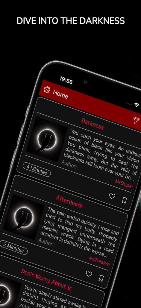 Nocturnal: Horror Stories - Nocturnalアプリのホーム画面。DarknessやAfterdeathのようなホラーストーリーのリストがダークテーマのインターフェースに表示されている。