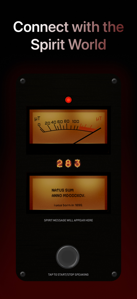 Void: Necrometer & Ghost Tube - Interface do aplicativo Void mostrando um medidor de necrometer vintage e um display de mensagens de espíritos