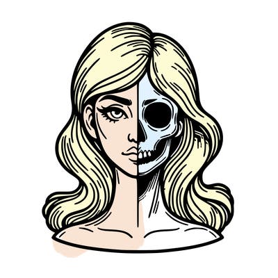 bust of a woman, half face and hair, half skull