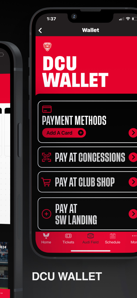 D.C. United & Audi Field - The DCU Wallet feature in the D.C. United app for contactless payments at Audi Field.