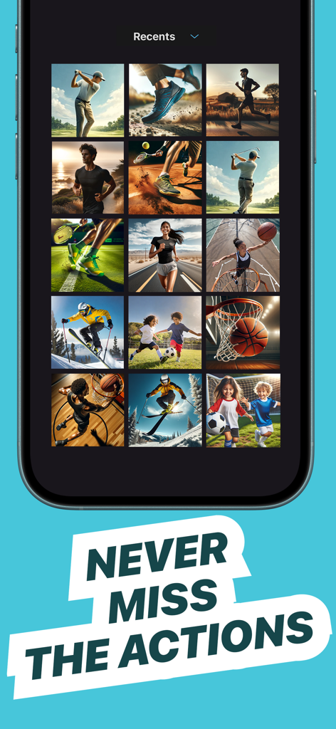 AI Frame Grabber: Video to Pic - AI Frame Grabber app displaying a grid of action sports photos extracted from videos