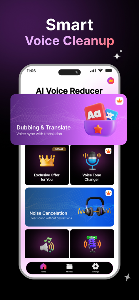 Murf AI app interface showing voice cleanup, dubbing, and noise cancellation features.