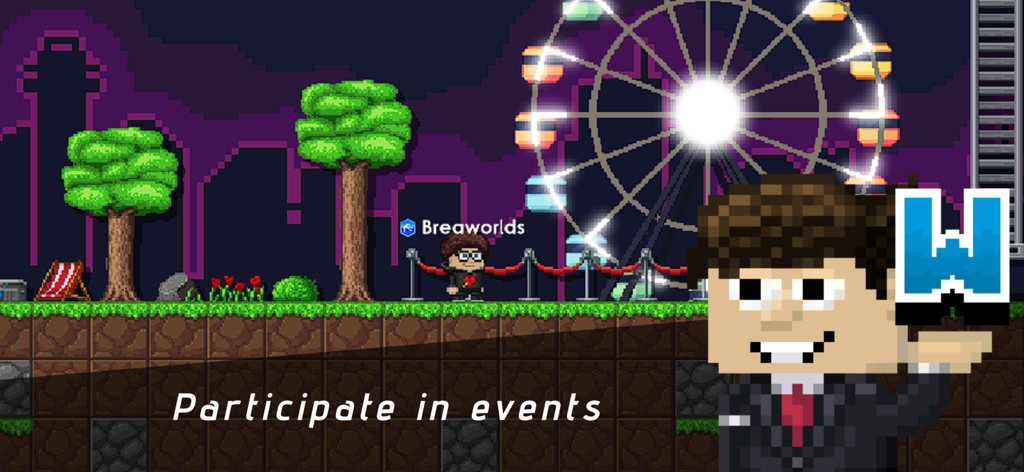 A pixel art scene in Breaworlds showing a character in front of a glowing ferris wheel with the text Participate in events.