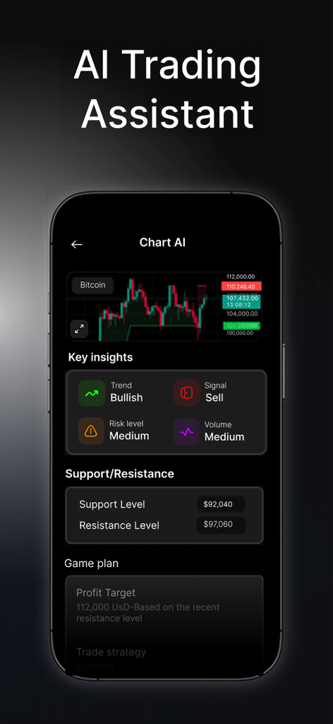 Chart AI - Trading Analysis - Interfaz de la aplicación Chart AI que muestra el análisis técnico de Bitcoin con señales de tendencia y plan de trading.