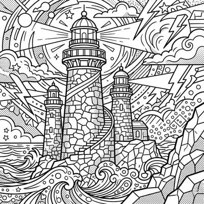Dive into a vibrant coloring experience with these majestic stone lighthouses reimagined in an electrifying Pop Art style. Bold lines, halftone patterns, and dynamic elements bring a unique energy to these iconic coastal guardians, ready for your creative touch.