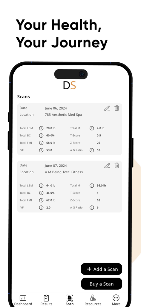Tela do aplicativo DexaScan exibindo uma lista de exames de composição corporal registrados e métricas de saúde clínica