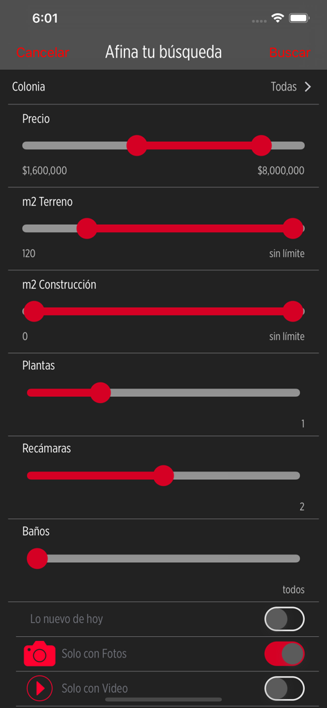 Advanced real estate search filters in the Avisos de Ocasion app