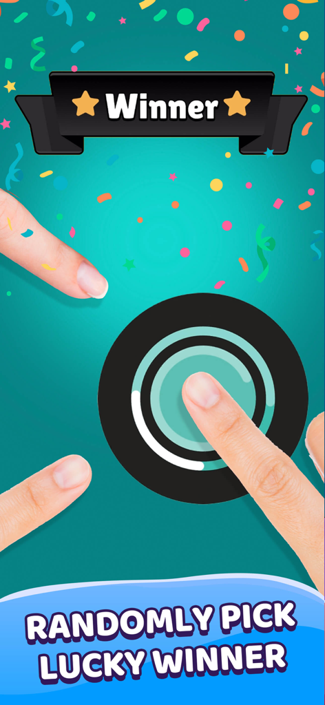 PartyFun: Finger Chooser Games - Tres dedos en la pantalla de un teléfono con uno seleccionado aleatoriamente como el ganador de la suerte en la aplicación PartyFun