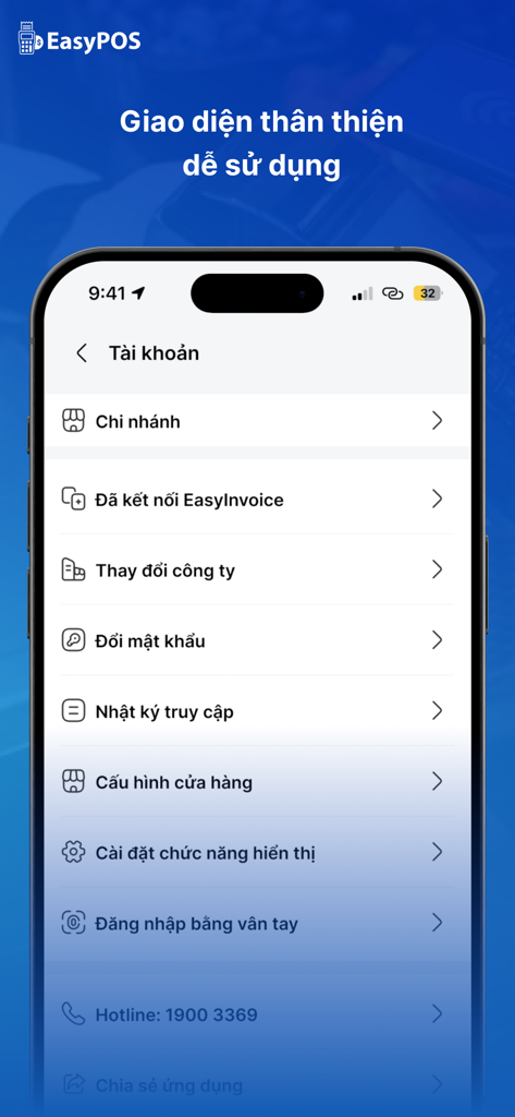 Easy Pos - Menu de configurações de conta do aplicativo Easy Pos mostrando gerenciamento de filial e opções de configuração de loja