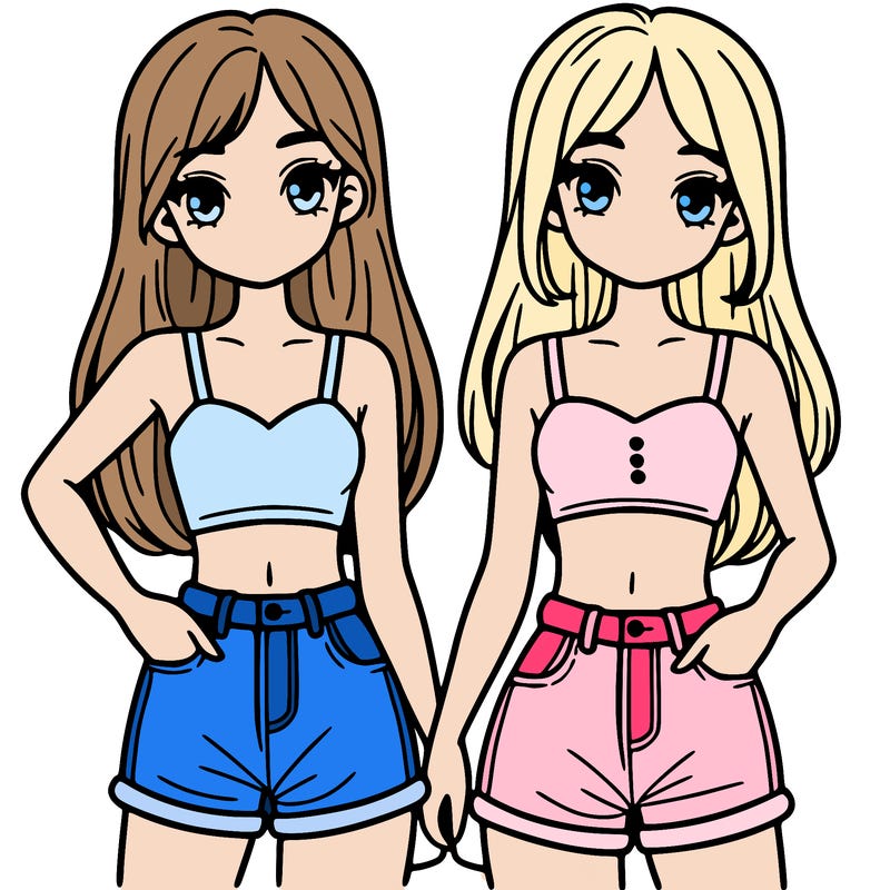 two sisters with crop tops and jean shorts and straight hair