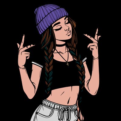 realistic teenage girl with braids and a beanie and crop top doing 🫶🏼