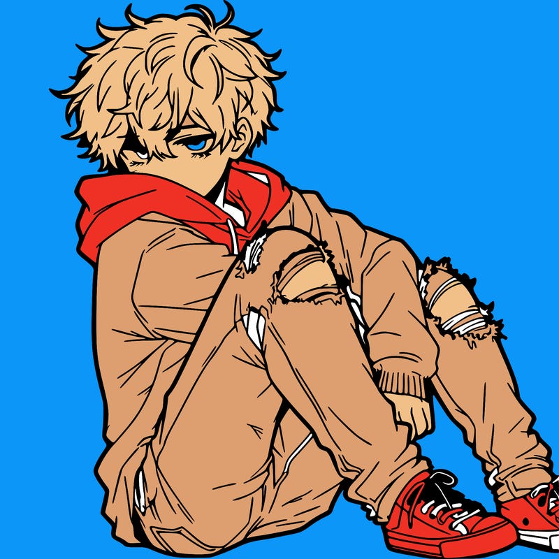 a male hoddie ripped jeans messy hair anime